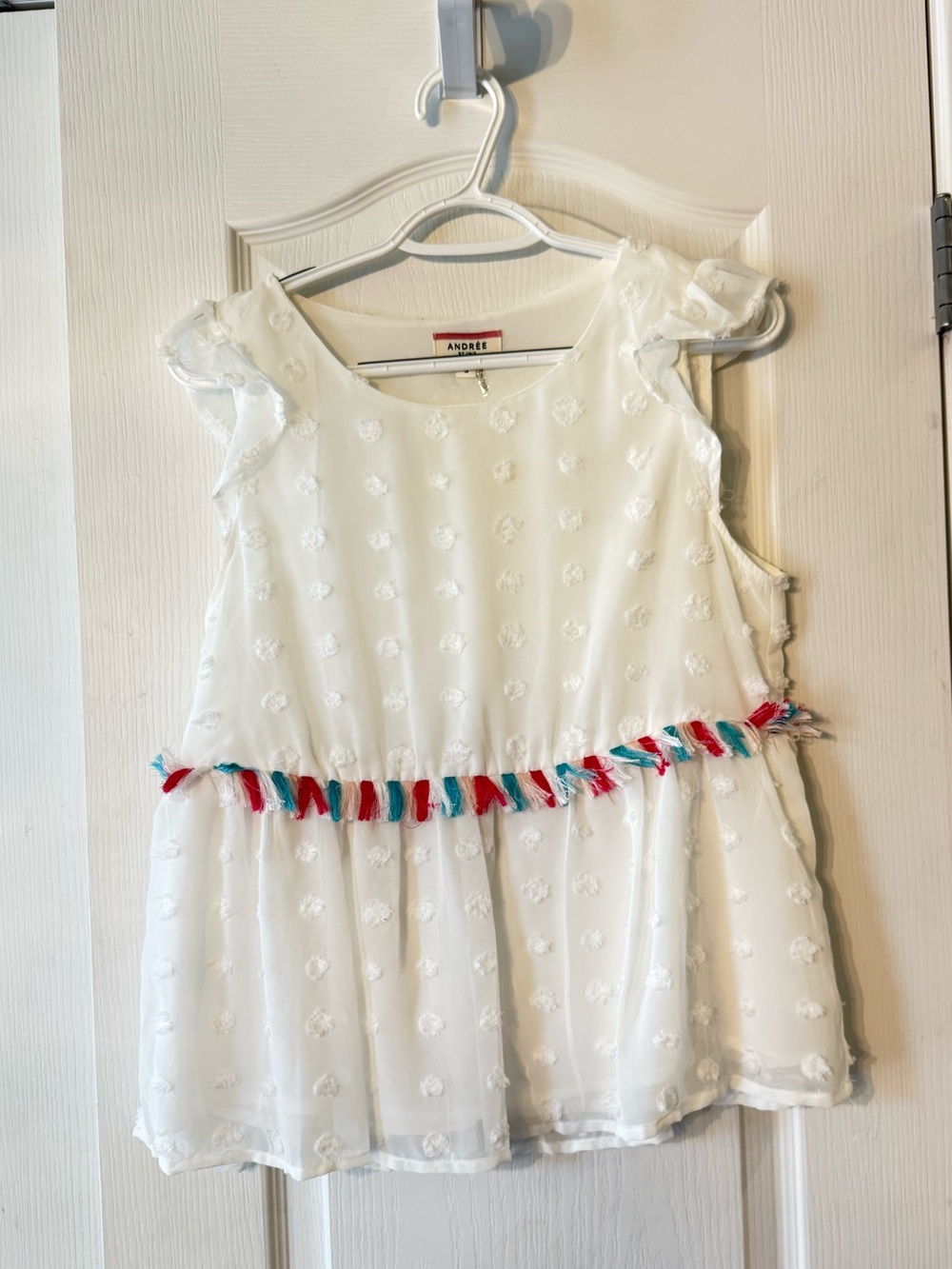 ANDREE BY UNIT White Floral Eyelet Tank with Multicolor Tassel Trim
